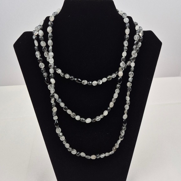 Vtg Jay King DTR Rutilated Quartz Necklace Men Women 58 in Black White Boho 925